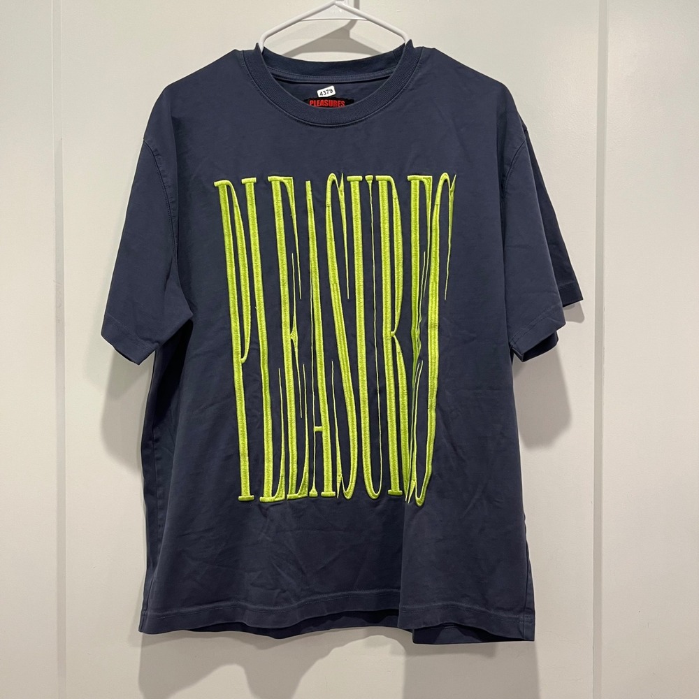 Pleasures Mens Embroidered Logo T-Shirt Navy Blue Neon Green Streetwear Size M